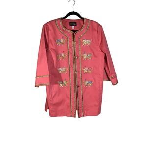 Bob Mackie Pink open-front jacket embroidered elephant motifs decorated trim Med